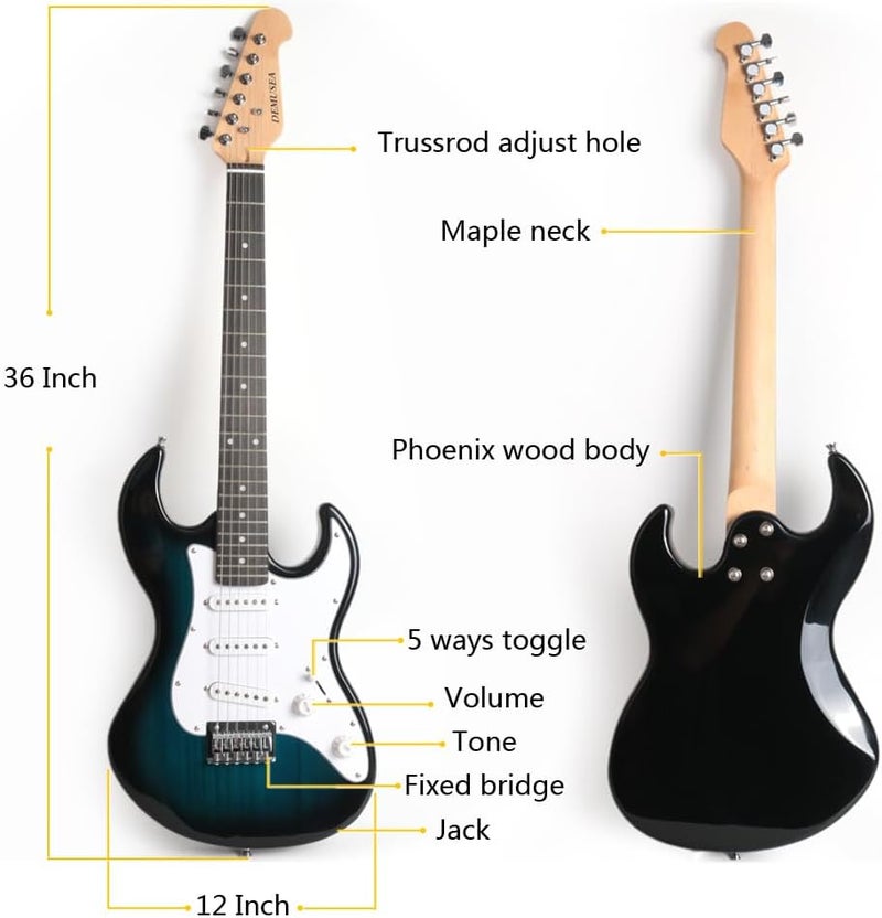demusea Electric Mini Guitar 36Inch 3/4 Short Scale Blueburst Color sss Pickups One Volume One Tone 5 Ways Toggle Portable For Starter Beginner Travel And Practice With Gigbag Strap Total - Image 2